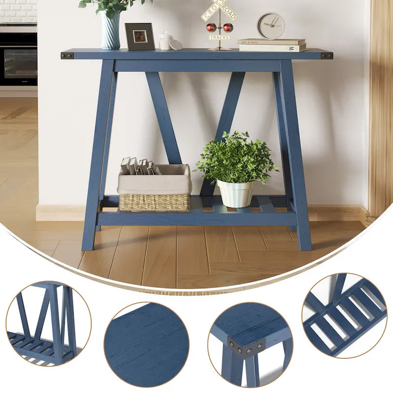 Console d'entrée rustique étroite avec étagère à lattes et pieds en A