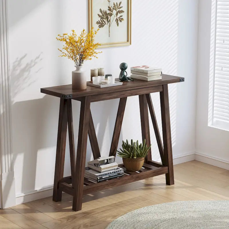 Console d'entrée rustique étroite avec étagère à lattes et pieds en A