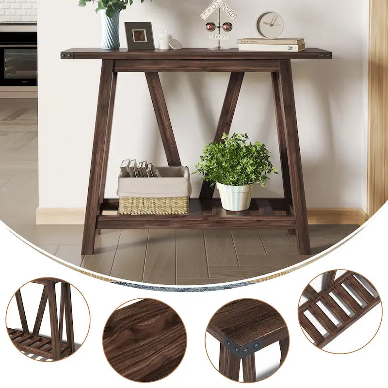 Console d'entrée rustique étroite avec étagère à lattes et pieds en A