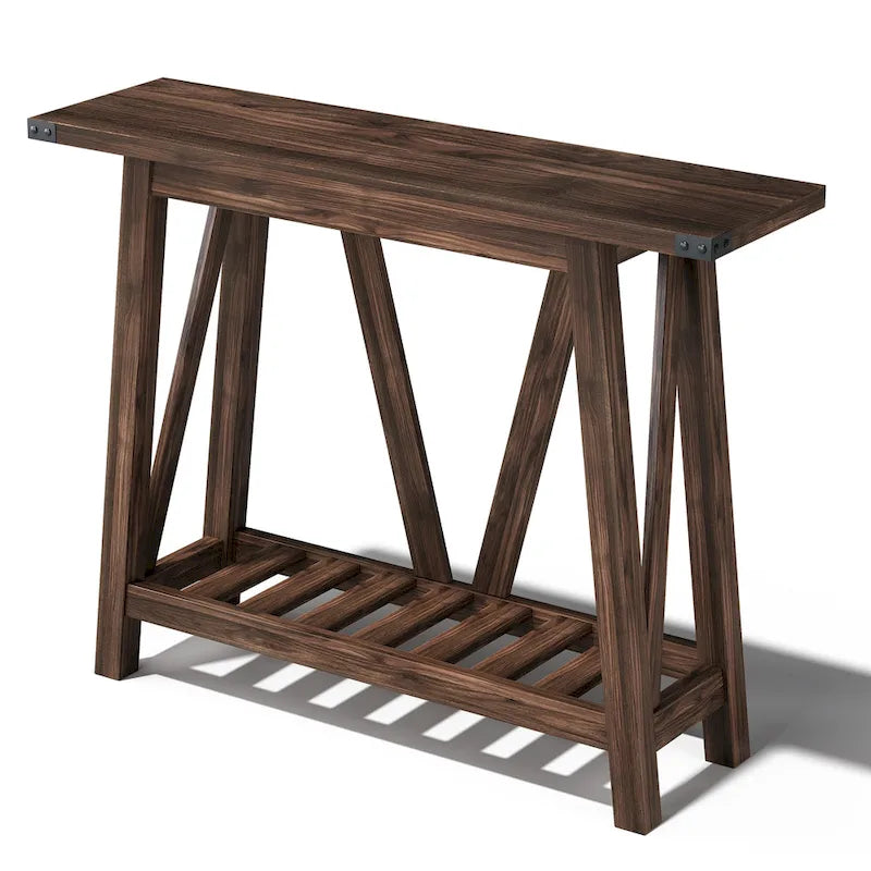 Console d'entrée rustique étroite avec étagère à lattes et pieds en A