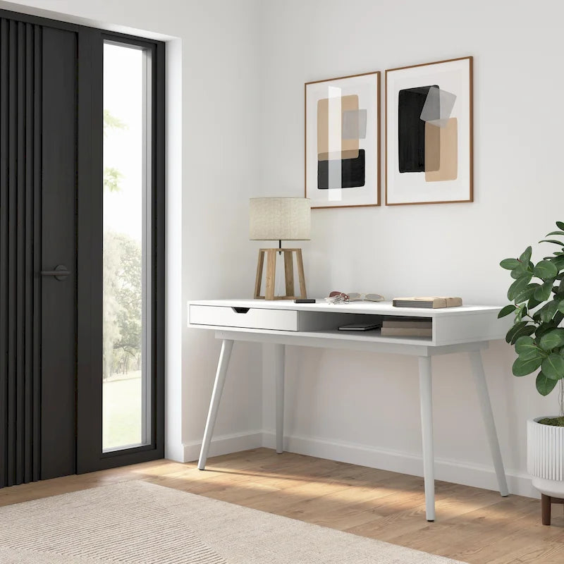 Bureau de 137 cm avec tiroir – Noyer foncé / Chêne naturel / Blanc pur, Monoposte