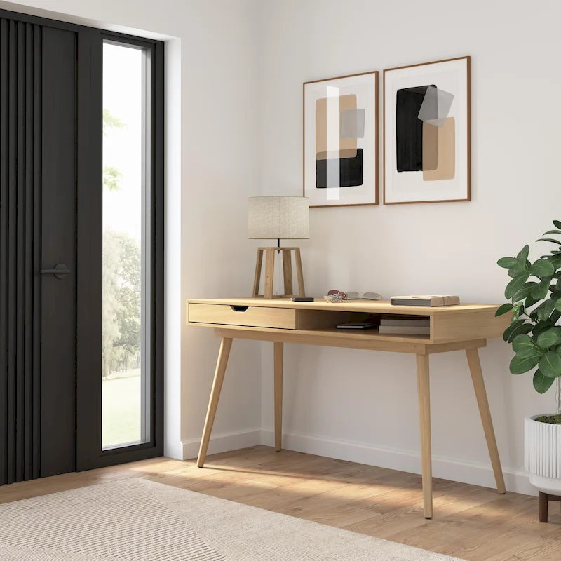 Bureau de 137 cm avec tiroir – Noyer foncé / Chêne naturel / Blanc pur, Monoposte