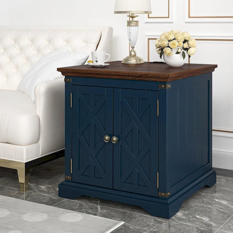 Table d'appoint bicolore style ferme avec station de charge et rangement en armoire