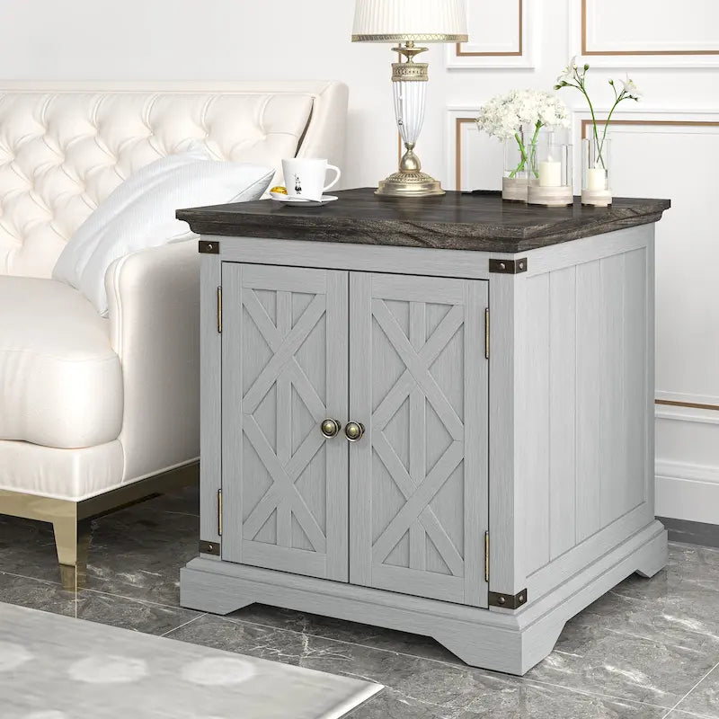 Table d'appoint bicolore style ferme avec station de charge et rangement en armoire