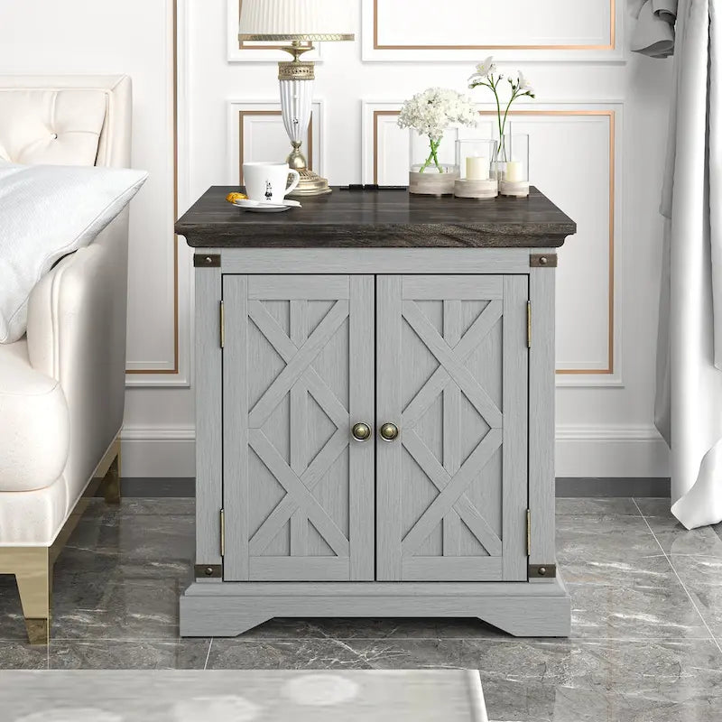 Table d'appoint bicolore style ferme avec station de charge et rangement en armoire