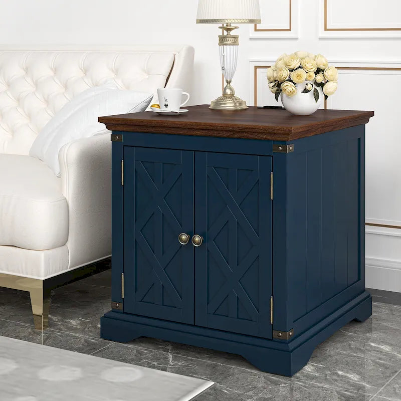 Table d'appoint bicolore style ferme avec station de charge et rangement en armoire