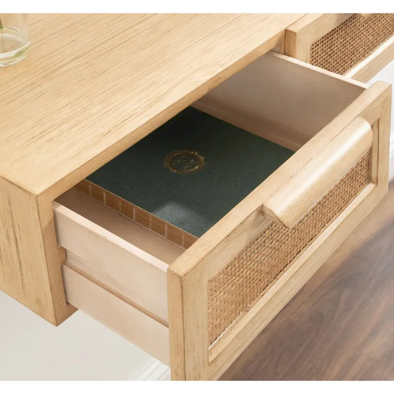 Console suspendue en bois naturel avec façades en rotin et tiroirs