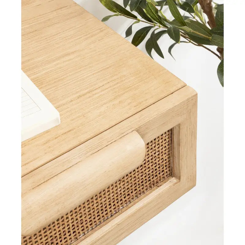 Console suspendue en bois naturel avec façades en rotin et tiroirs