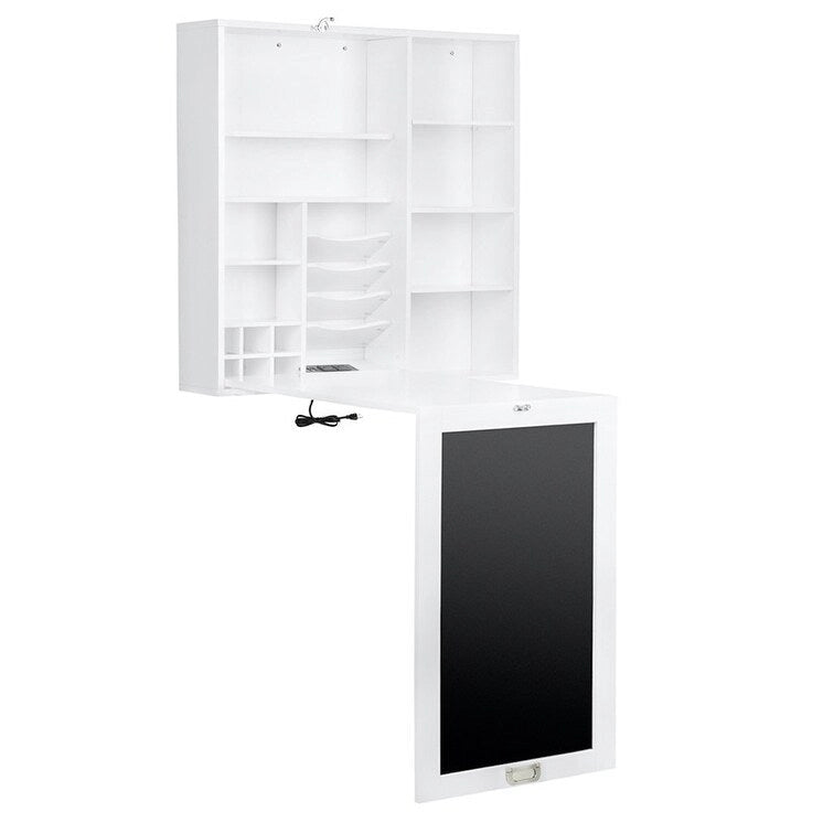 Bureau mural pliable blanc avec façade tableau noir et étagères de rangement