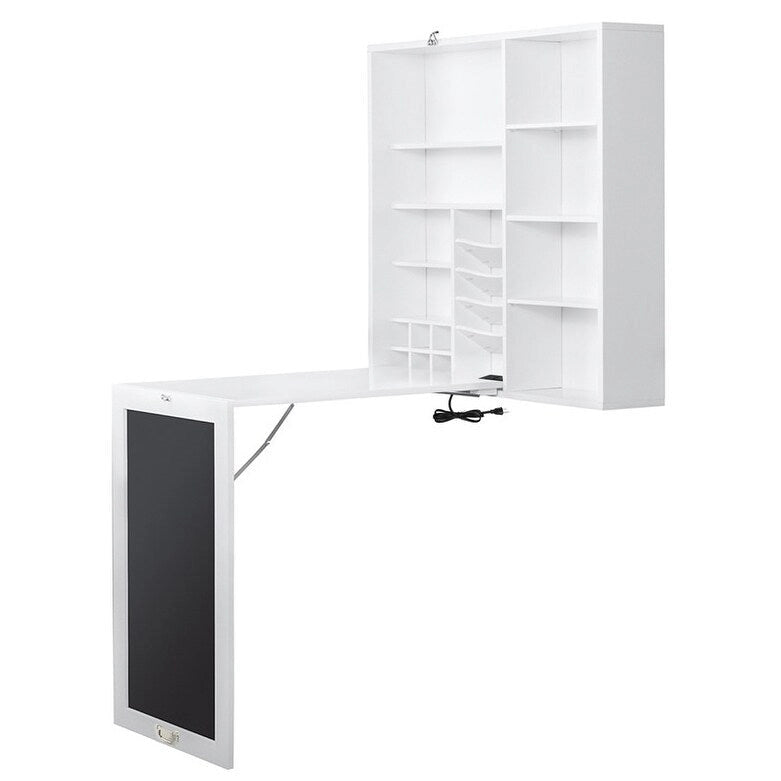 Bureau mural pliable blanc avec façade tableau noir et étagères de rangement