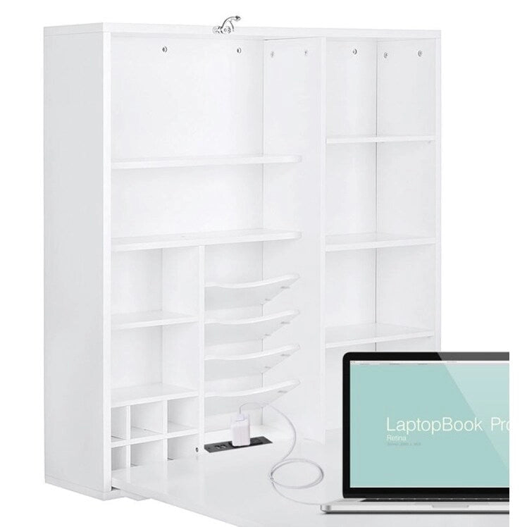 Bureau mural pliable blanc avec façade tableau noir et étagères de rangement