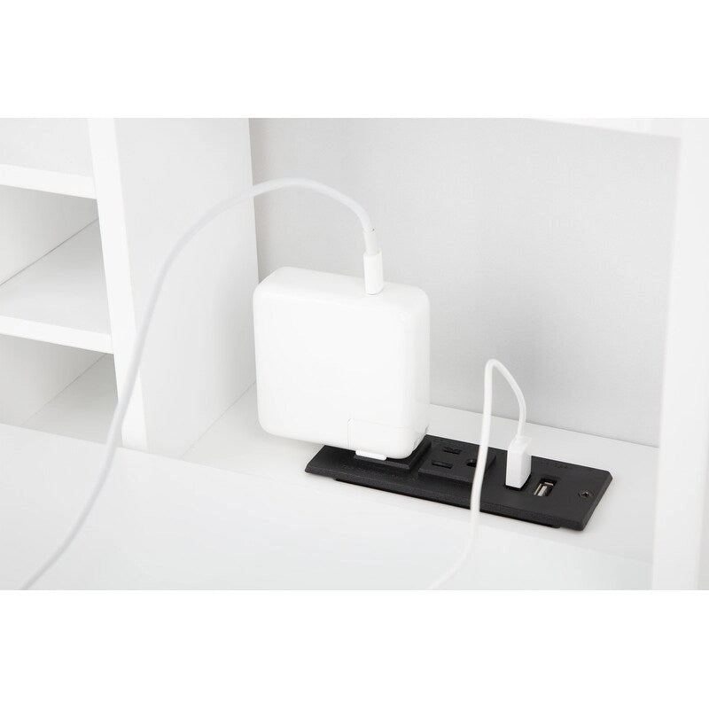 Bureau mural pliable blanc avec façade tableau noir et étagères de rangement
