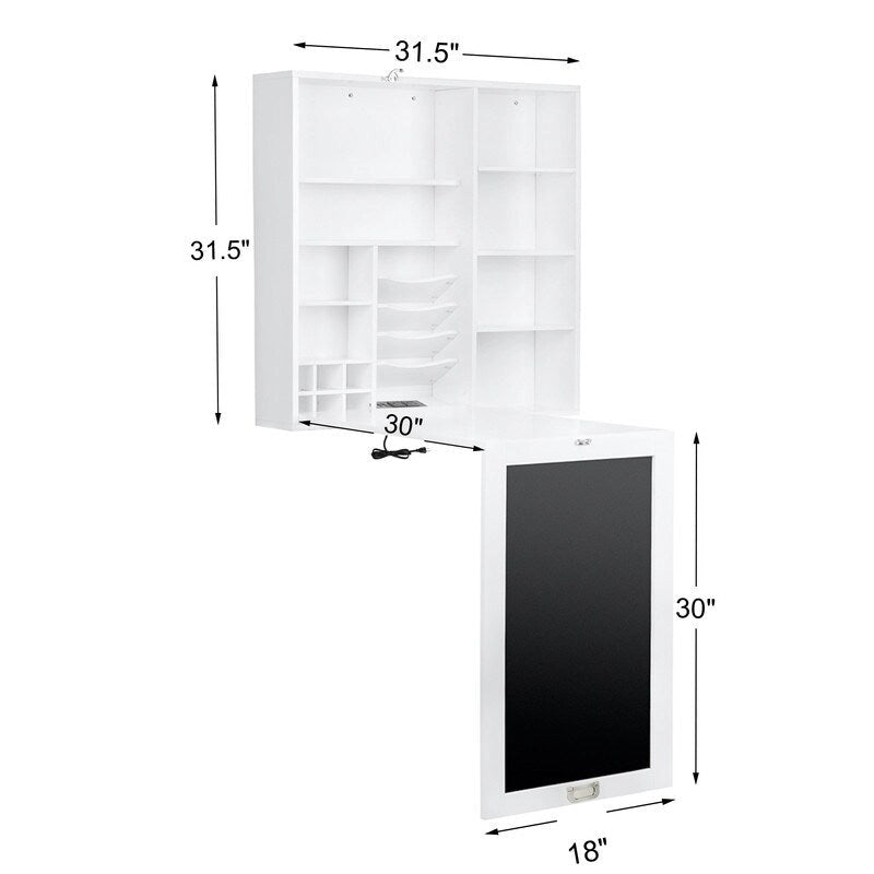 Bureau mural pliable blanc avec façade tableau noir et étagères de rangement