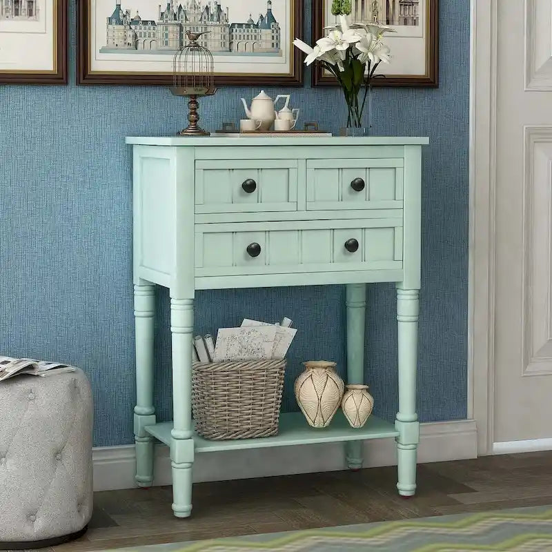 Console de ferme en bois massif de 23,7 po avec 3 tiroirs et étagère inférieure