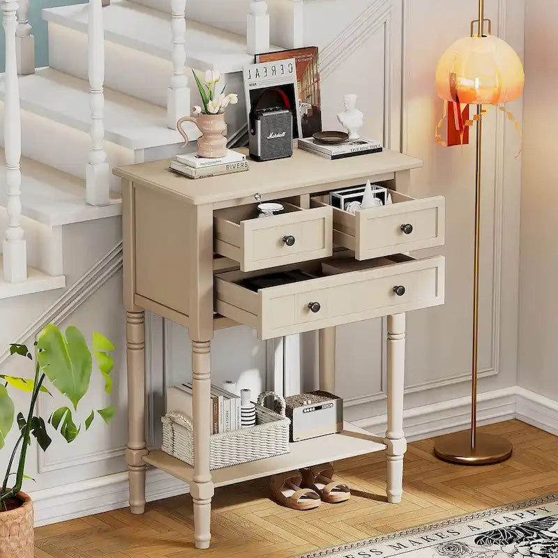 Console de ferme en bois massif de 23,7 po avec 3 tiroirs et étagère inférieure