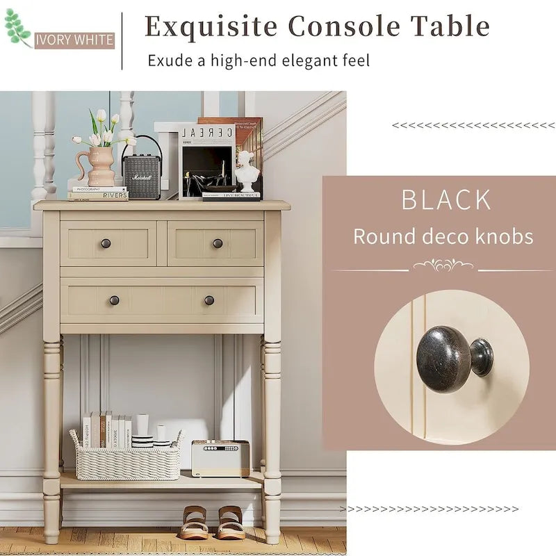 Console de ferme en bois massif de 23,7 po avec 3 tiroirs et étagère inférieure