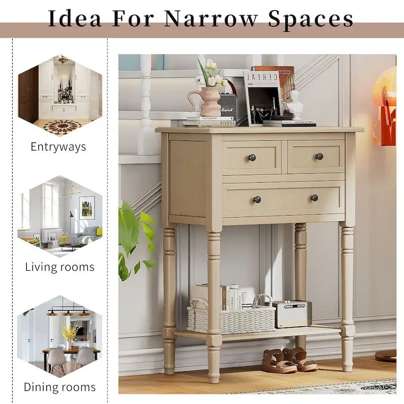 Console de ferme en bois massif de 23,7 po avec 3 tiroirs et étagère inférieure