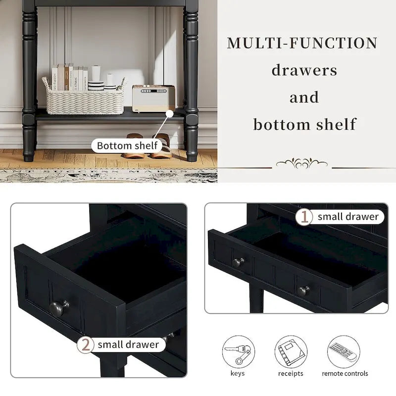 Console de ferme en bois massif de 23,7 po avec 3 tiroirs et étagère inférieure